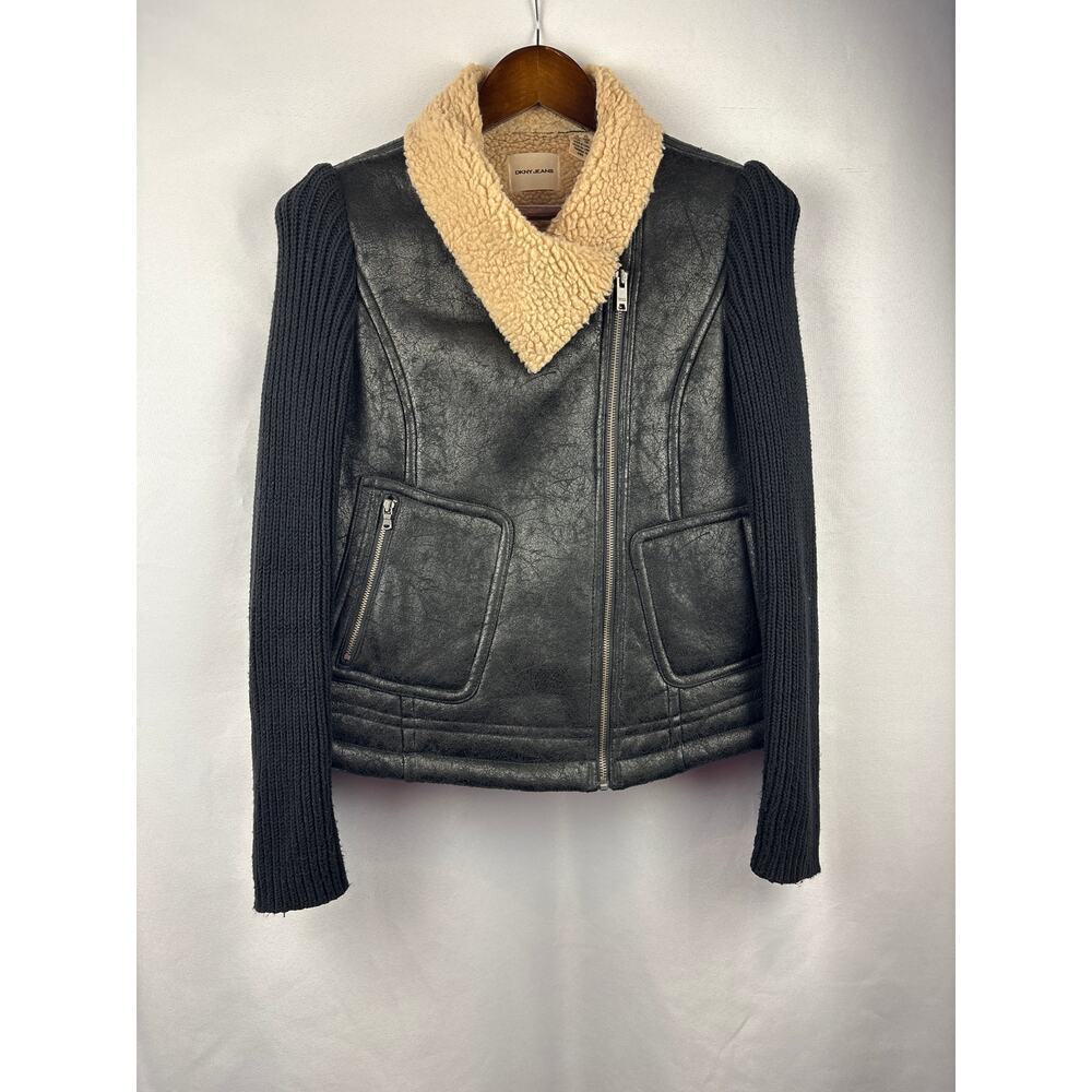Women’s DKNY Jeans XS Black Suede Jacket w/ Knit Sleeves & Fur Lined